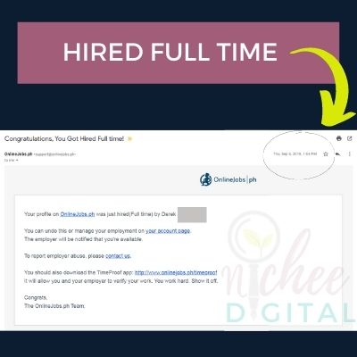 screenshot of hired email from onlinejobs.ph