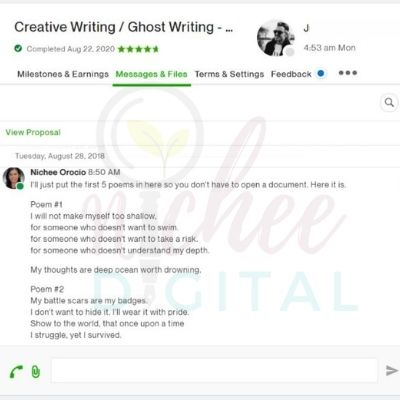 screenshot of upwork conversation poetry sample