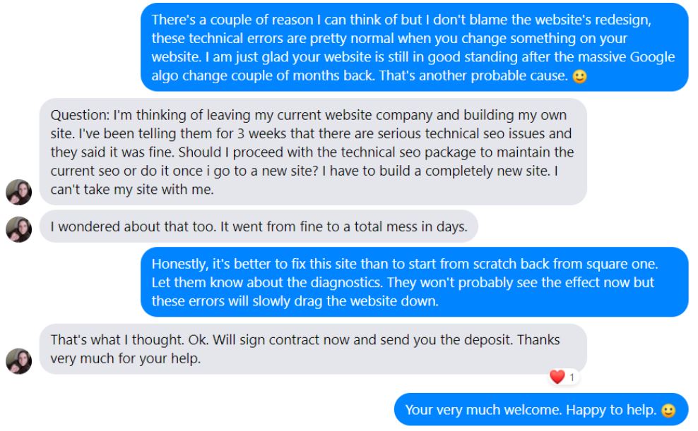 Facebook conversation with client